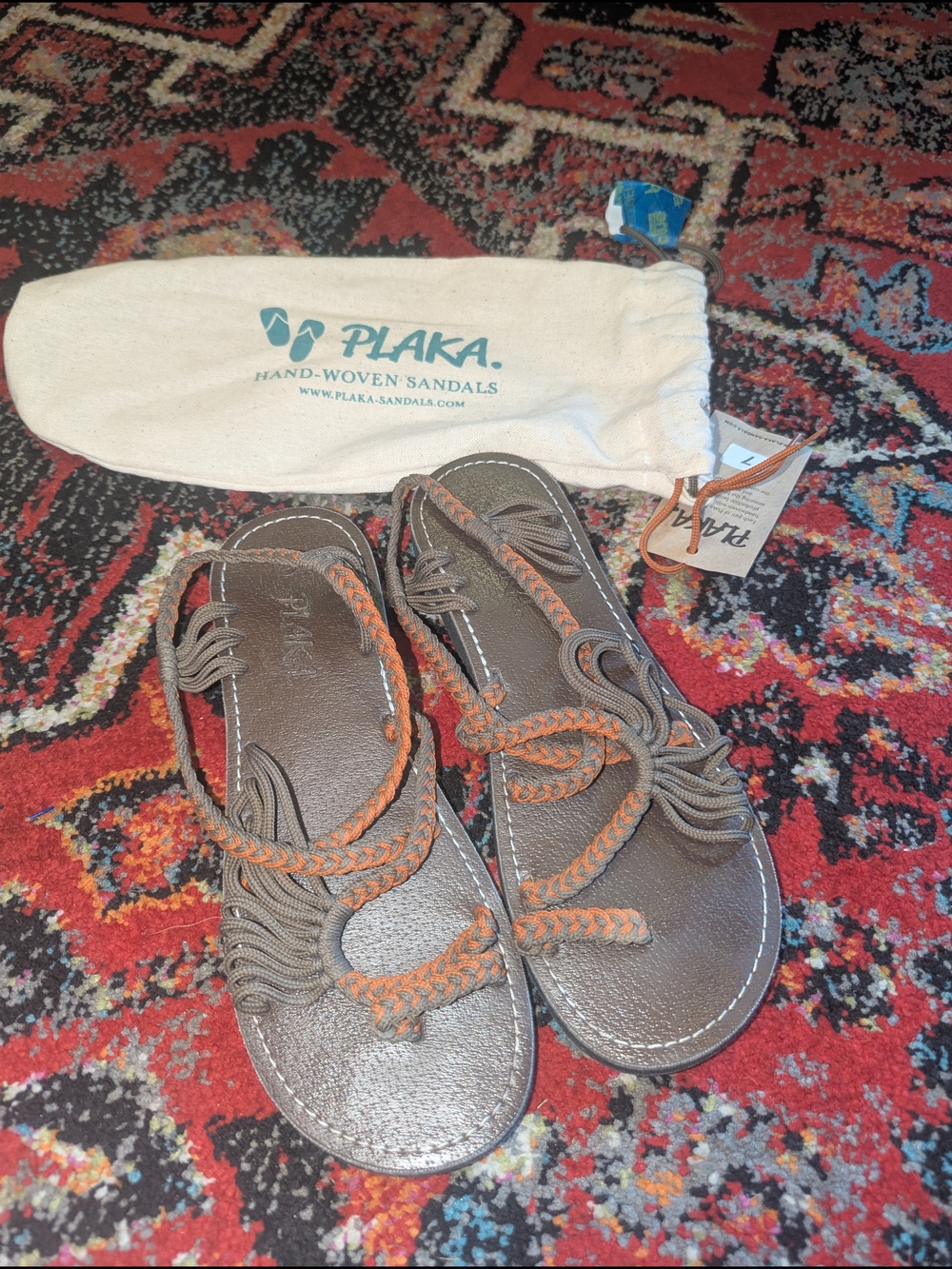 Plaka Women's Brown Sandals with Orange Braided Straps